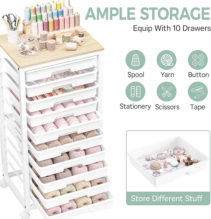 SYKIARIOL Rolling Cart with Drawers,10 Drawer Rolling Cart,Rolling storage cart with drawers,White Rolling Drawer Cart,Teacher Rolling Cart for Classroom Storage,Craft Cart with Wooden Tabletop