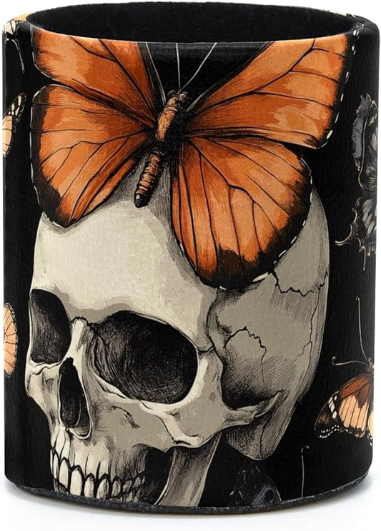 Leather Pen Holder for Desk, Butterfly Skull Pencil Cup Desktop Organizer Makeup Brush Holders Office Supplies for Home, Kids & School