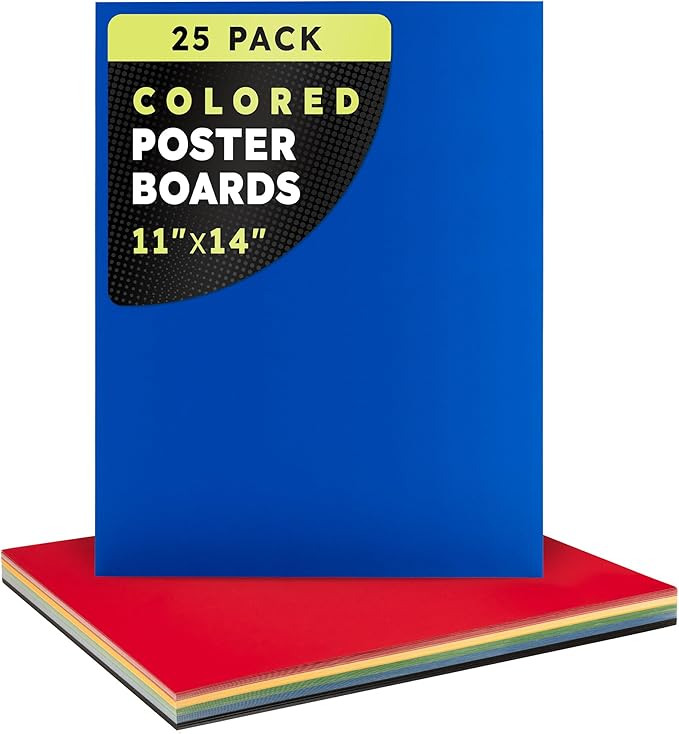 Hygloss Medium Colored Poster Board 11x14 - 25 Assorted Standard Color Poster Boards Bulk Pack - Red, Yellow, Green, Blue, Black - 10 Pt. Thickness Poster Board Paper, Posterboard Multipack 11" x 14"