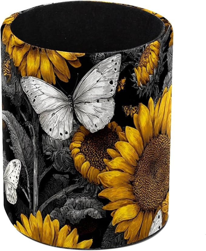 Leather Pen Holder for Desk Sunflower Butterfly Pencil Cup Desktop Organizer Makeup Brush Holders Office Supplies for Home, Kids & School