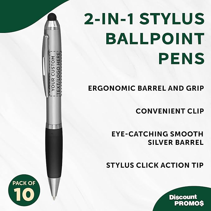 DISCOUNT PROMOS Custom Stylus Ballpoint Pens Set of 10, Personalized Bulk Pack - Black Ink, Great for Office, School, Business, Tradeshows, Events - Black