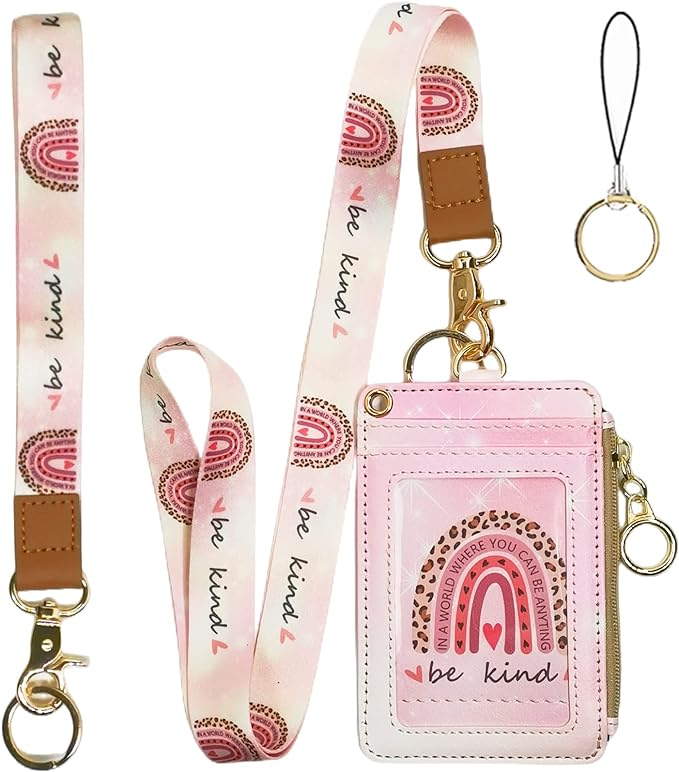 lanyards for id Badges, Lanyard Wallet for Women,Fashion Badge Holder with Zipper（Be Kind