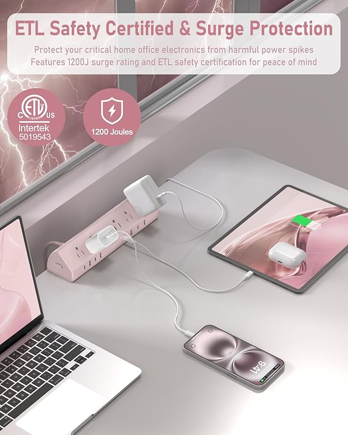 Jgstkcity Desk Clamp Power Strip,45W Fast Charging Station,4 USB-C,4 USB-A,1200J Surge Protector,ETL Listed,1875W Extension Cord,Multiple Outlets for Home, Office (Pink, 10 FT Cable)