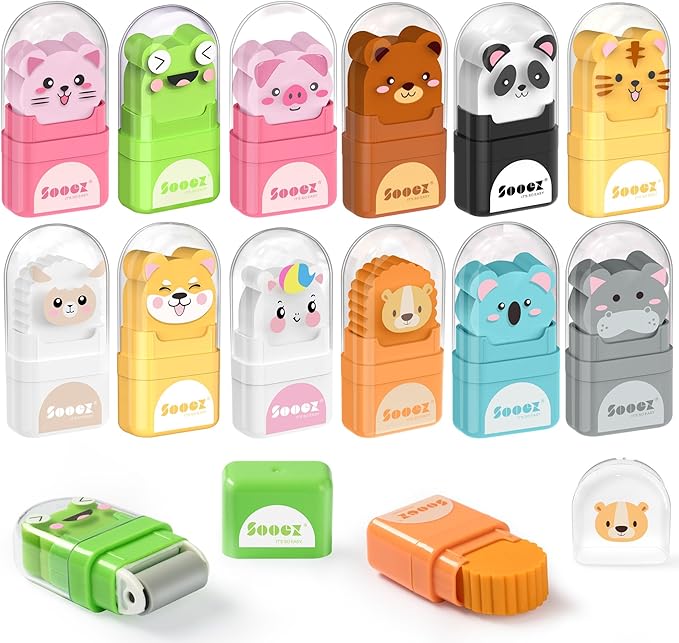 Sooez 12 Pack Pencil Erasers, Cute Animal Eraser with Clean up Roller and Cover, Latex-Free, Bulk Art Drawing Erasers for Teens Adults & Teacher Classroom/School Supplies