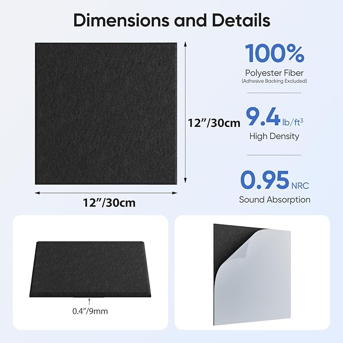 UNECHO 12 Pack 12" X 12" X 0.4" Acoustic Panels for Wall Sound Absorbing, Square Self-Adhesive Sound Panels, High Density Suitable for Multiple Scenarios(Black)