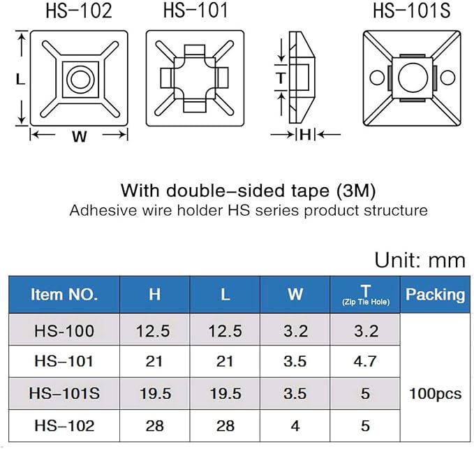 XHF 200 PCS 1/2" White Self Adhesive Cable Zip Tie Mounts Wire Cable Clips Holders Management Anchors Organizer Holders Squares(HS-100)