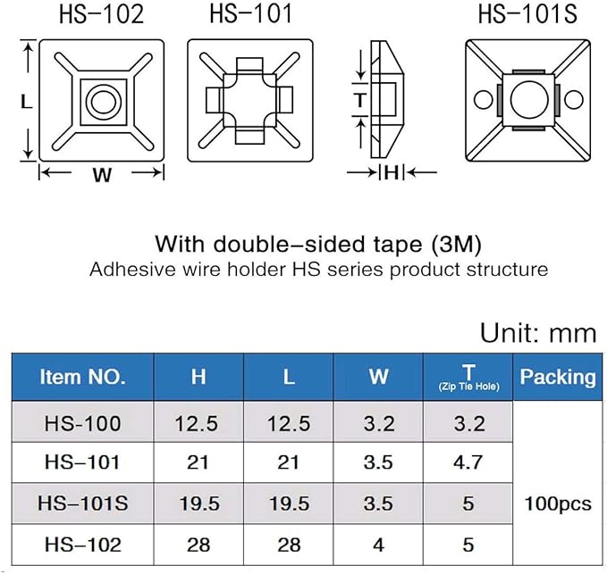XHF 200 PCS 1/2" Black Self Adhesive Cable Zip Tie Mounts Wire Cable Clips Holders Management Anchors Organizer Holders Squares(HS-100)
