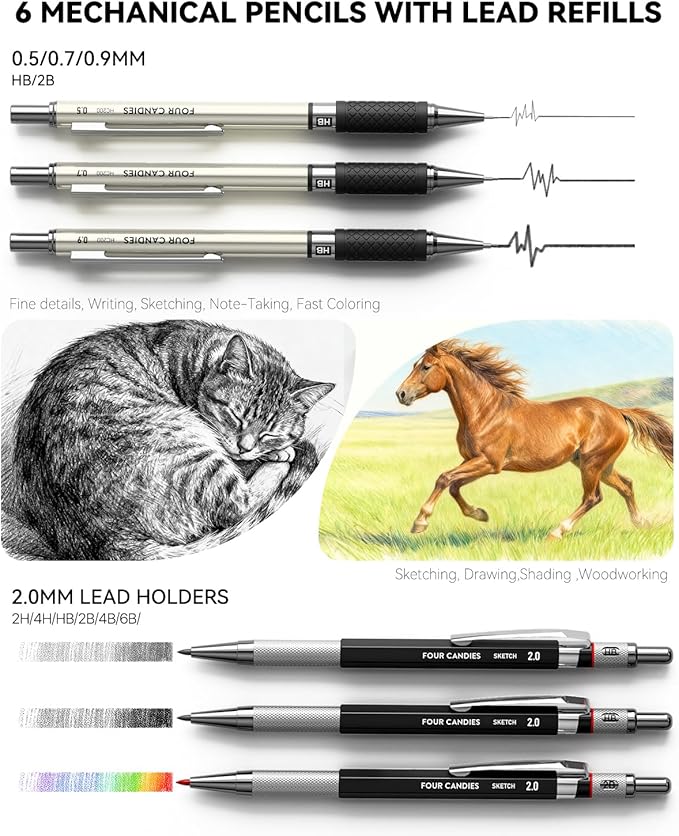 Four Candies 73PCS Advanced Art Supplies Drawing Kit with Fineliner Pens, Mechanical Pencils, 3-Color Sketchbook, Charcoal Sticks,Pastels for Sketching Drawing Comics Gifts for Professionals Artists