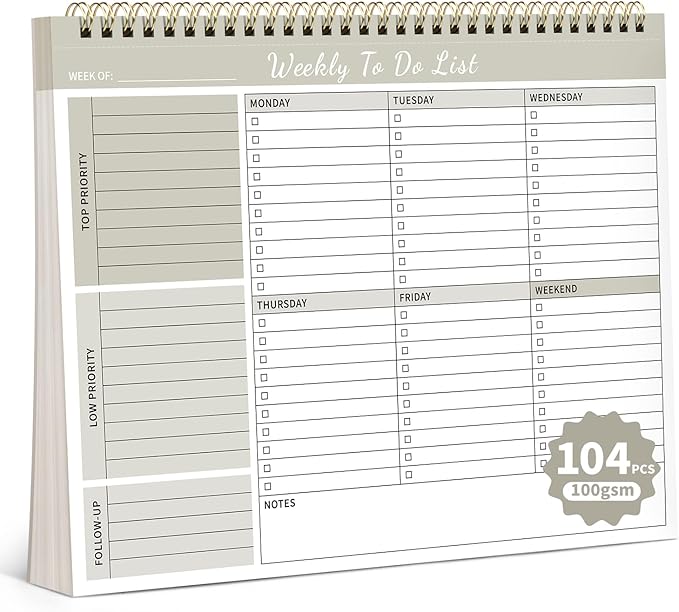 104 Pgs Weekly To Do List Notepad, 52 Duplex-Printed Undated Sheets 100 GSM（8.5"×11") Weekly Desk Planner For Work Home School Office Desk Accessories Supplies & Goal Setting Tasks - Beige