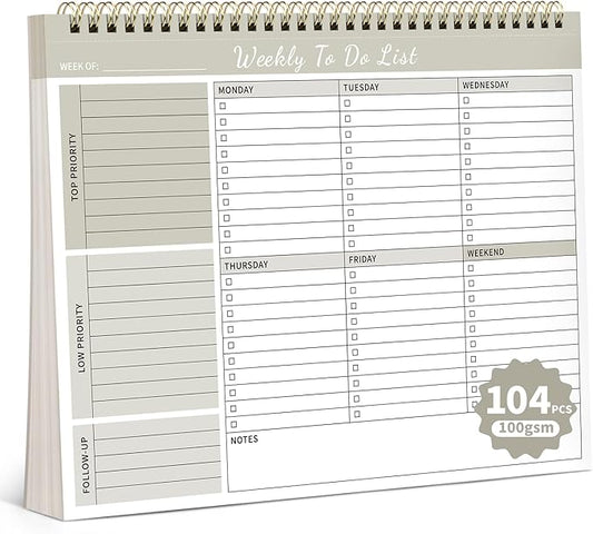 104 Pgs Weekly To Do List Notepad, 52 Duplex-Printed Undated Sheets 100 GSM（8.5"×11") Weekly Desk Planner For Work Home School Office Desk Accessories Supplies & Goal Setting Tasks - Beige