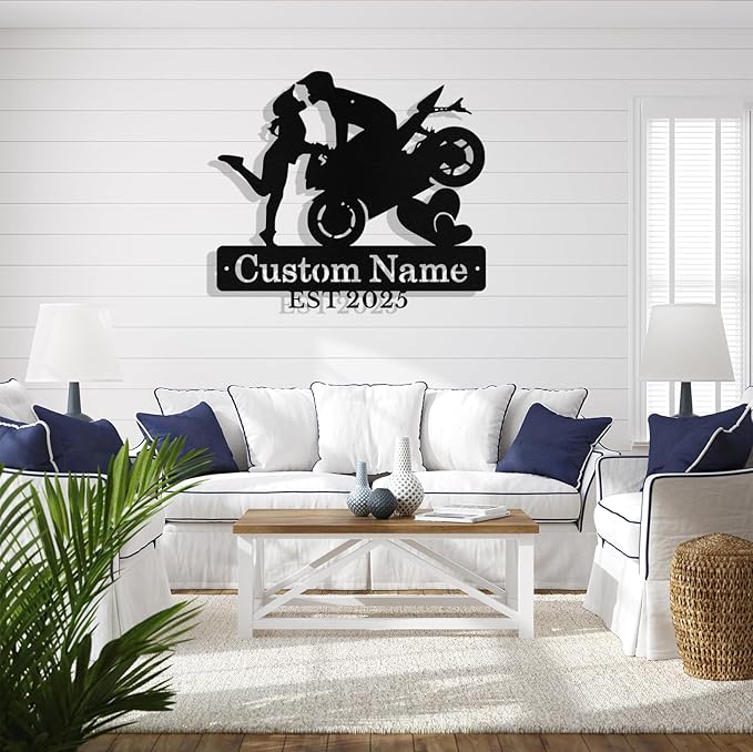 Custom Motorcycle Couple Metal Signs Personalized Biker Couple Name Sign Custom Garage Decor Motorbikes Wall Art Decor Motorcycle Sign Wedding Valentine's Day Gift for Couples