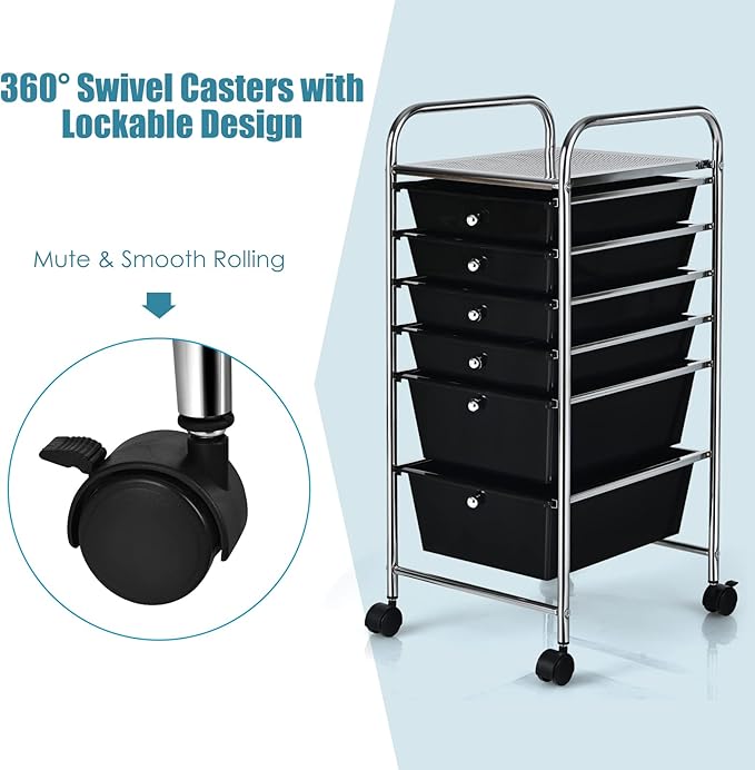 RELAX4LIFE 6-Drawer Rolling Storage Cart - Classroom Organization on Wheels w/Removable Plastic Drawers, Mobile Art Craft Cart for School Paper Home Office, Utility Cart with Drawers (Black)