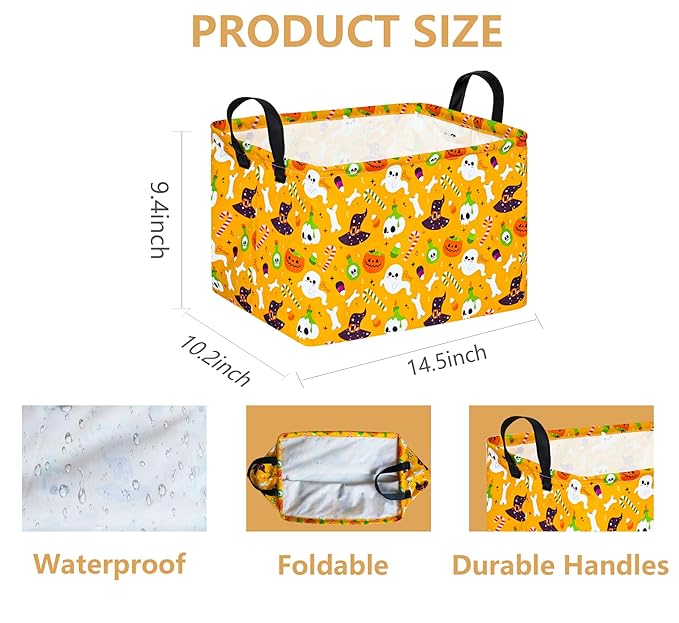 FUULOXE Halloween Empty Storage Basket with Handles Open Gifts&Candy Spooky Basket stuffers for Kids Baby Collapsible Women Organizer Bins Toys Boxes for Shelves Home Office