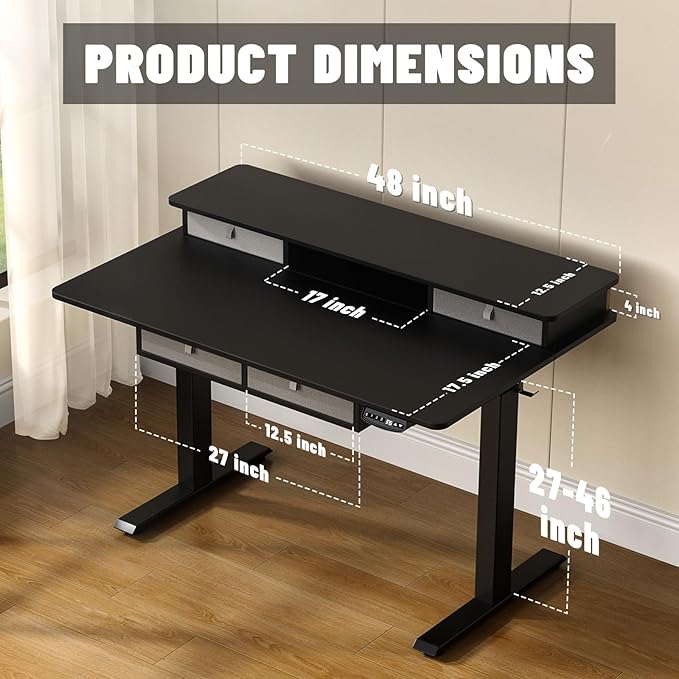 ExaDesk 48 * 30 Inches Electric Standing Widened Desk Adjustable Height with 4 Drawers, Double Storage Shelves, Home Office Workstation Sit Stand up Desk (Classical Black)