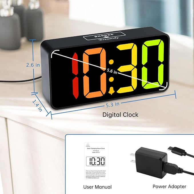 DreamSky Small Digital Alarm Clocks for Bedrooms - RGB Electric Alarm Clock for Kids Bedside Nightstand, Desk Clock with Large Numbers, Dimmer, Adjustable Alarm Volume, USB Port, USB-C Adapter Powered