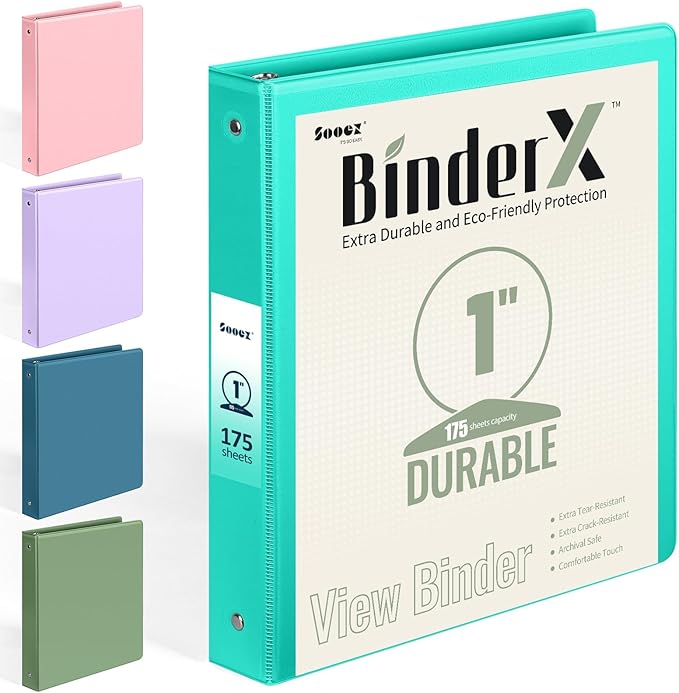 BinderX Extra Durable 3 Ring Binder, Round Rings 1 Inch Binder, Fits 175 Sheets of 8.5x11 Paper, Customizable View Cover with Inside Pockets, Cute 1" Binders, 1 Inch Binders 3 Ring, Aqua Blue