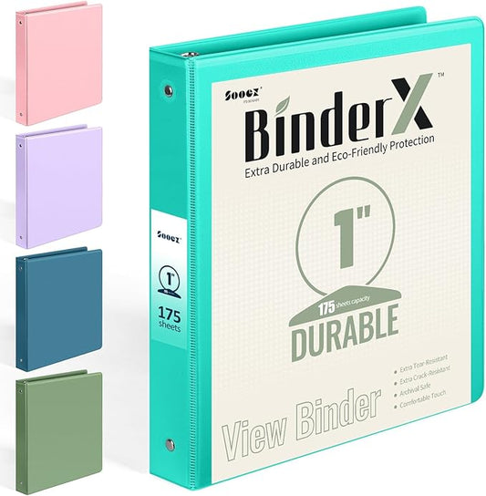 BinderX Extra Durable 3 Ring Binder, Round Rings 1 Inch Binder, Fits 175 Sheets of 8.5x11 Paper, Customizable View Cover with Inside Pockets, Cute 1" Binders, 1 Inch Binders 3 Ring, Aqua Blue