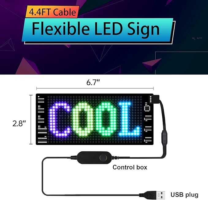 XIAOOHO LED Light Signs for Car,Programmable Bluetooth APP Control,DIY Editor Text, Patterns, Animations for Car Game Room Party Bar (3"x 7")