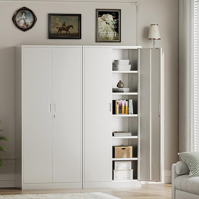 TaskStorz Steel SnapIt Cabinet, 71 Inch Metal Storage Cabinet with Locking Doors and 5 Adjustable Shelves, Garage Cabinet, Tool Cabinets for Office and Home Use (White)