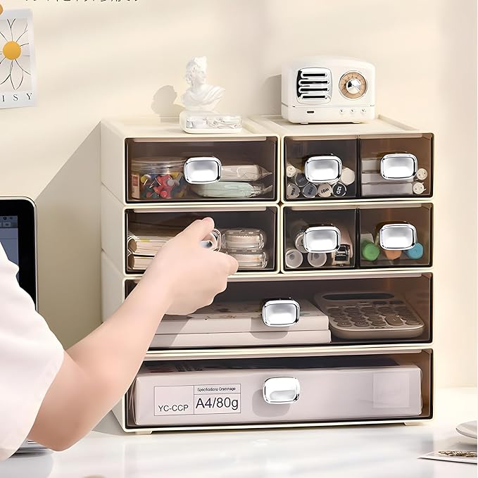 OSteed Spacious Desktop Storage Box, 1 Large Storage Drawer, Stackable Office Desk Drawer Organizer and Accessories, Printer Paper Organizer, Cream Plastic Drawers for Workspace & Home