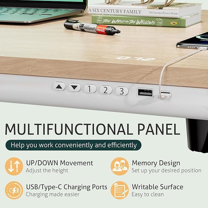 Furmax Electric Standing Desk with Drawers, Adjustable Height Sit Stand Desk with One-Piece Desktop & USB Charging Port for Home Office Computer Desks (Bamboo Desktop, 55 Inch)