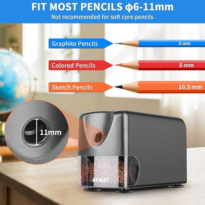 AFMAT Heavy Duty Electric Pencil Sharpener, Auto Stop Classroom Pencil Sharpeners for 6-11mm No.2/Colored Pencils, Pencil Sharpener for Large Pencils, Sharp Point, Save Pencil, PSX3