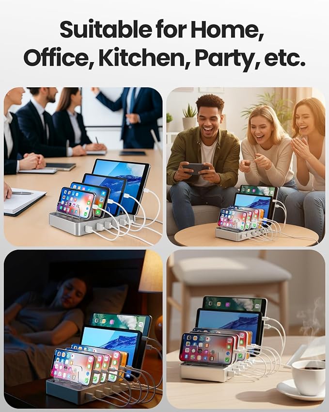 6-Port USB Charging Station with 6 Included Cables, Fast Charging Hub for iPhone Android Cell Phone, Tablet, Smartwatch - Multi Port Desktop Organizer (Silver)