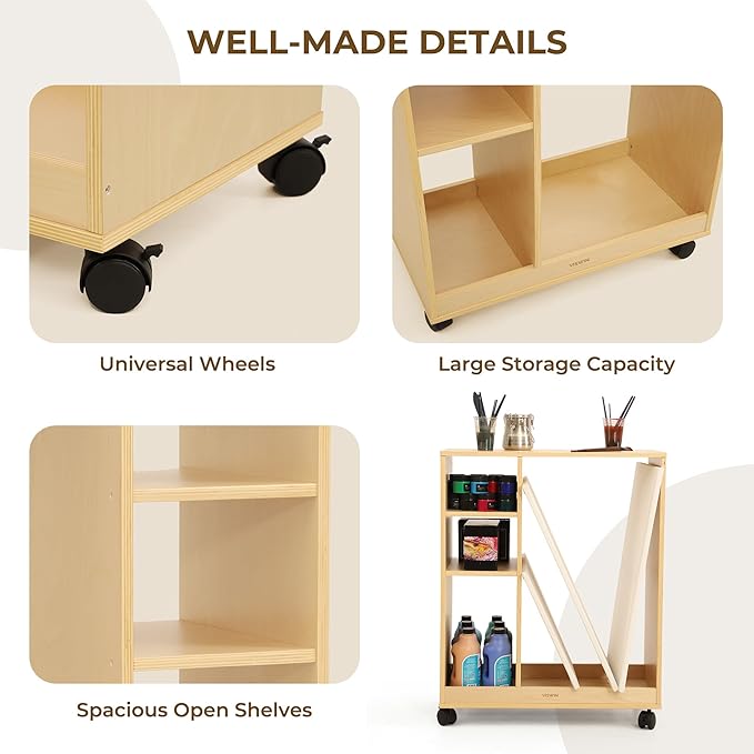 VISWIN Art Cart Organizer, Solid Pine Wood Art Supply Storage Organizer with Caster Wheels, 3-Tier Multifunctional Rolling Utility Storage Cart for Studio, Classroom, Artists - Natural