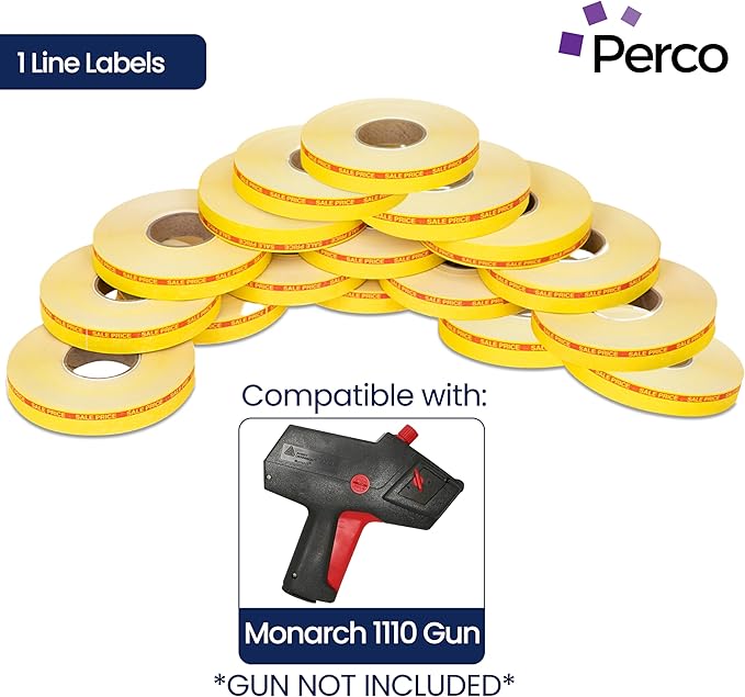 Perco Red Reverse Print on Yellow Sale Price Labels for Monarch 1110 16 Rolls with 1 Free Ink Roller