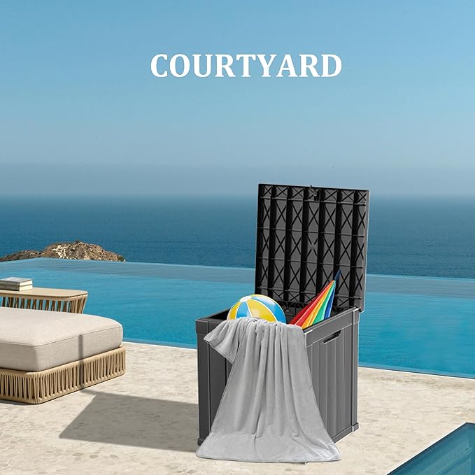 PATIOEASY 50GAL Deck Box Black,Waterproof Resin Outdoor Storage Box，Garden，Pool Supplies，Patio Furniture