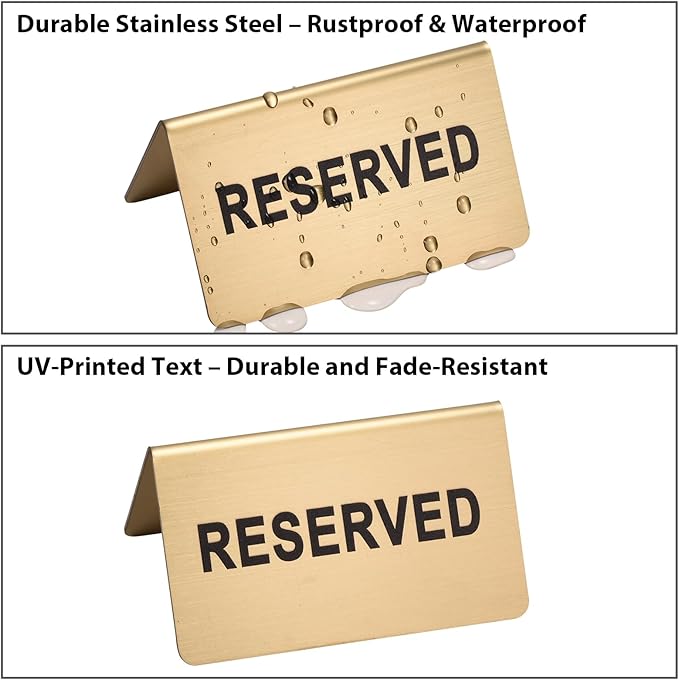Stainless Steel Reserved Table Sign, Set of 6, 2.36 x 3.94 Inch Tent-Style Signs, Brushed Gold Metal, Durable and Easy to Read for Restaurants, Cafes, Hotels, Weddings, and Events (Gold)