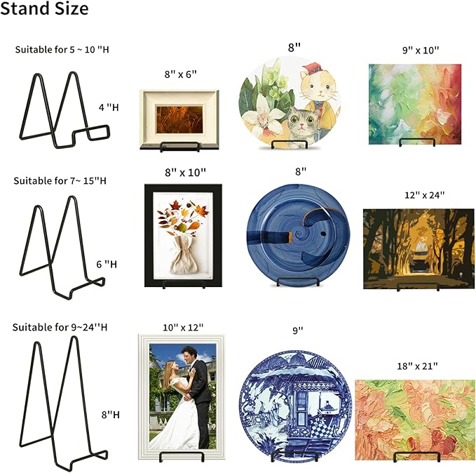 Decolore 4 Pack 6 Inch Black Picture Stands for Display Square Plate Holder Display Stand Frame Stand for Picture, Decorative Plate, Photo Easel and Artistic Work