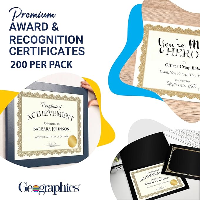 Geographics Optima Gold Blank Award Certificate Paper with Gold Foil Seals, 8.5 x 11, Seal 1.75" (Pack of 200)