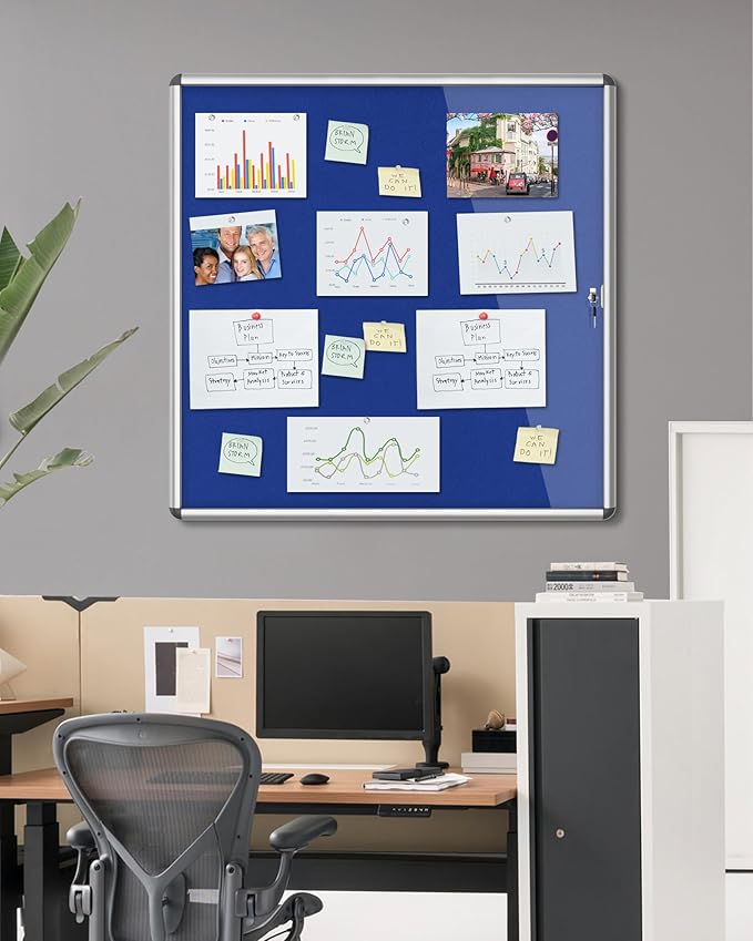 Mifuro 38"x38" Enclosed Bulletin Board, Lockable Weather-Resistant Aluminum Cork Noticeboard for School & Office, Silver Frame w/Blue Flet