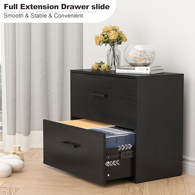 FATIGOS Lateral File Cabinet, Wood Black File Cabinet with Hanging Bars for Letters, Horizontal File Cabinets for Home Office, Black
