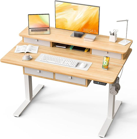 Kingant 48 x 30 Inch Electric Standing Desk with 4 Drawers, Adjustable Height Computer Desk for Home Office, Large Workstation Sit Stand Up Desk with Built-in USB A/C Charging Ports, Nature