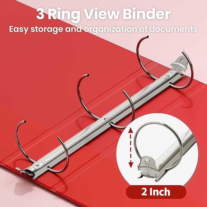 SUNEE 3 Ring Binder 2 Inch 1 Pack, Clear View Three Ring PVC-Free (Fit 8.5x11 Inches) for School or Office Supplies, Red