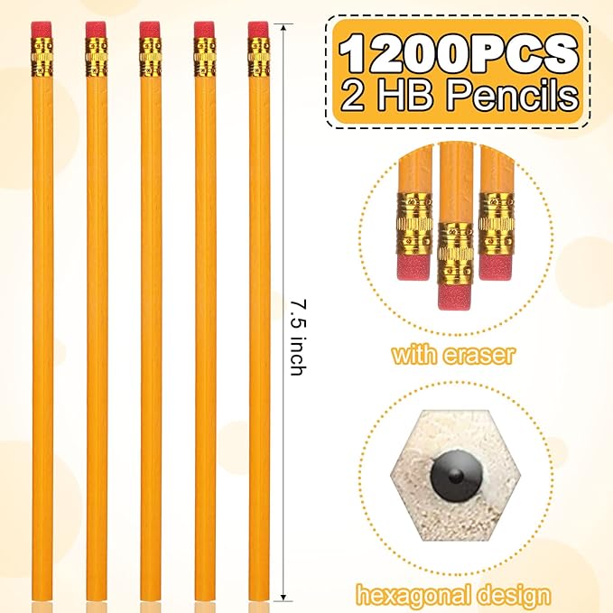 Zhehao 1200 Pcs #2 HB Pencils Yellow Pencils, Wood Cased Unsharpened Graphite Wood Pencils with Eraser for Office Supplies