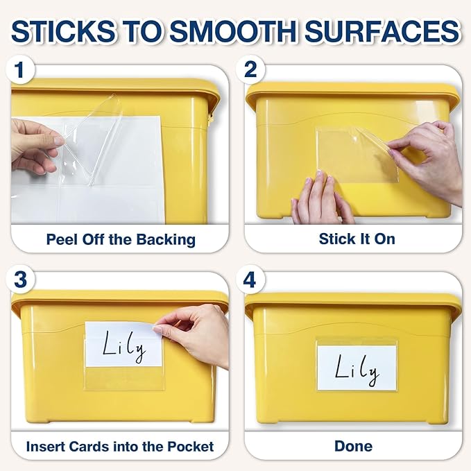 H4D 48 Pack Labels for Storage Bins, 3" x 5" Plastic Clear Adhesive Index Card Holders, Tote Label Pockets for Organizing Storage, Library Card, Shelves