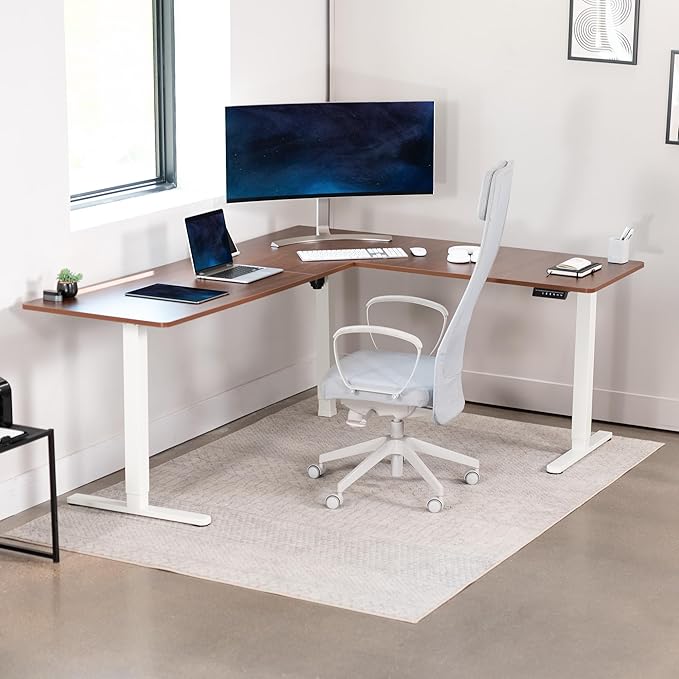 VIVO Electric Corner 75 x 63 inch L-Shaped Standing Desk, Memory Height Adjustment, Dark Walnut Top White Frame, DESK-E3CTWD-75