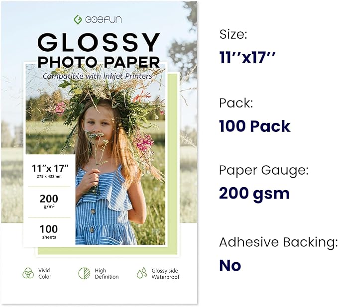 11x17 Photo Paper Glossy, Goefun 200 GSM/54 LB Photo Printer Paper for Inkjet Printer and Dye Ink,100 Sheets