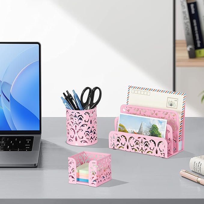 EasyPAG Desk Organizers and Accessories 3 Pieces Office Organizer Set - Pen Holder for Desk, Mail Sorter Countertop and Sticky Note Holder, Pink