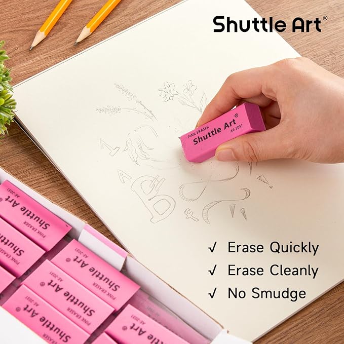 Shuttle Art Pink Erasers, 36 Pack Erasers Bulk, Latex-Free, No Smudge, Soft Eraser for Kids, Teachers, Homeschools, Art Classes and Back to School Supplies