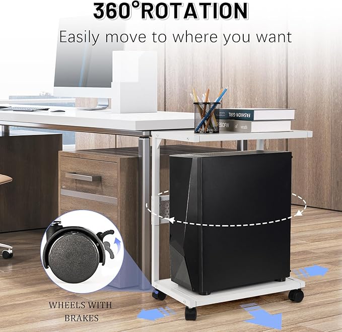 Bfttlity PC Stand Computer Tower Stand 2-Tier Metal CPU Holder with Locking Caster Wheels Suitable for Most PC (S,White)