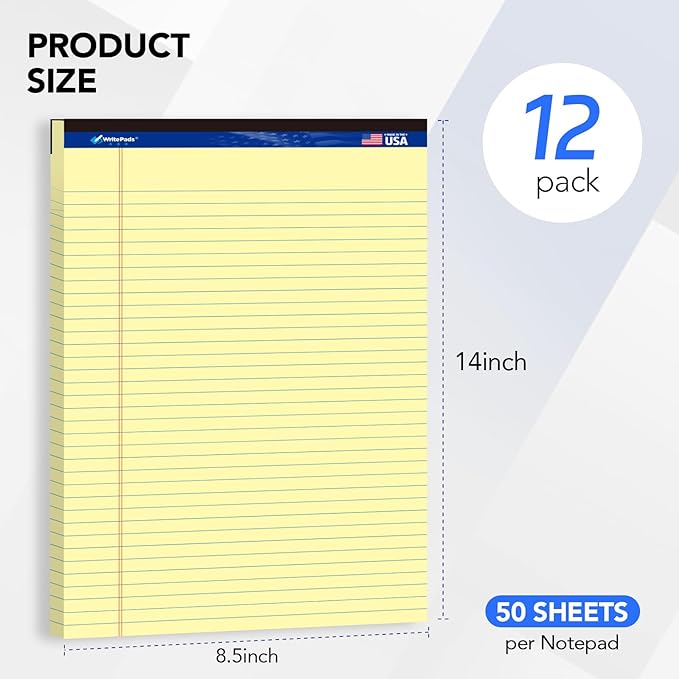WritePads Legal note pads 8.5"x14" Legal Pads,Wide Ruled,Canary Paper,12 Pack,50 Sheets Per Writing Pad,Micro perforated Writing Pad,BL-LCY50W-12PAD