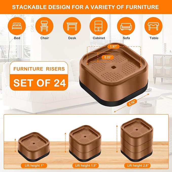 shouwuhho 24 Pack Furniture Risers Adjustable Bed Risers Heavy Duty Lifts Height 1", Square Stackable Bed Risers 1, 2 or 3 Inch for Desk Leg Table Couch Sofa Chair Bed Frame Legs Dorm, Brown