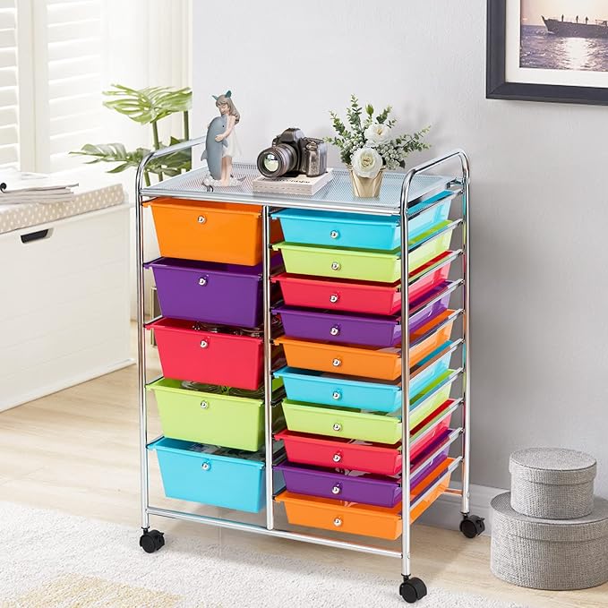GLACER 15 Drawers Rolling Cart, Storage Cart with w/Removable Drawers & Steel Frame, Multipurpose Organizer Cart w/Sleek Handle, Utility Cart on Lockable Wheels for Home, School, Office (Multicolor)