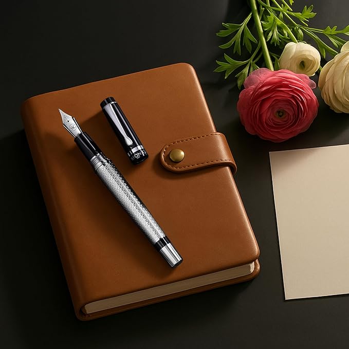 Webson Gill ‘The Raider’ Silver Luxury Executive Fountain Pen, Polished Lacquer & Chrome, Medium Nib, Smudge Free No Bleed, Use Any Fountain Ink w/Included Converter, Fits Cartridges sold separately