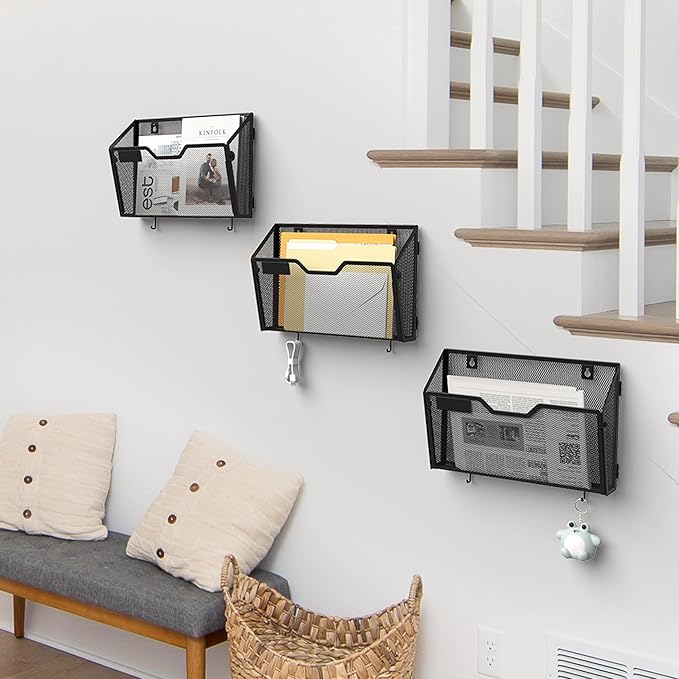 YINGHUA 3 Pack Mesh File Holders Wall Mounted - Durable Metal Hanging Organizer with Hooks - 12.6 Inch Vertical Wall Baskets for Mail Papers Office Home and School Storage - Black