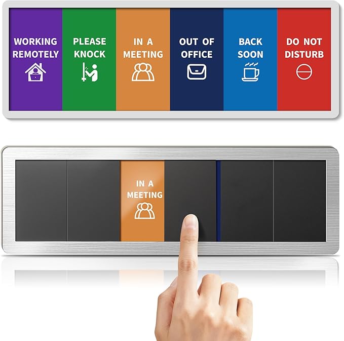 Office Door Signs-Meeting in Progress Door Sign with 6 Options, Do Not Disturb, In a Meeting, Out of Office, Please Knock, Working from Home, Back Soon, Business Privacy Sign Shows the Status of the Person Inside the Room